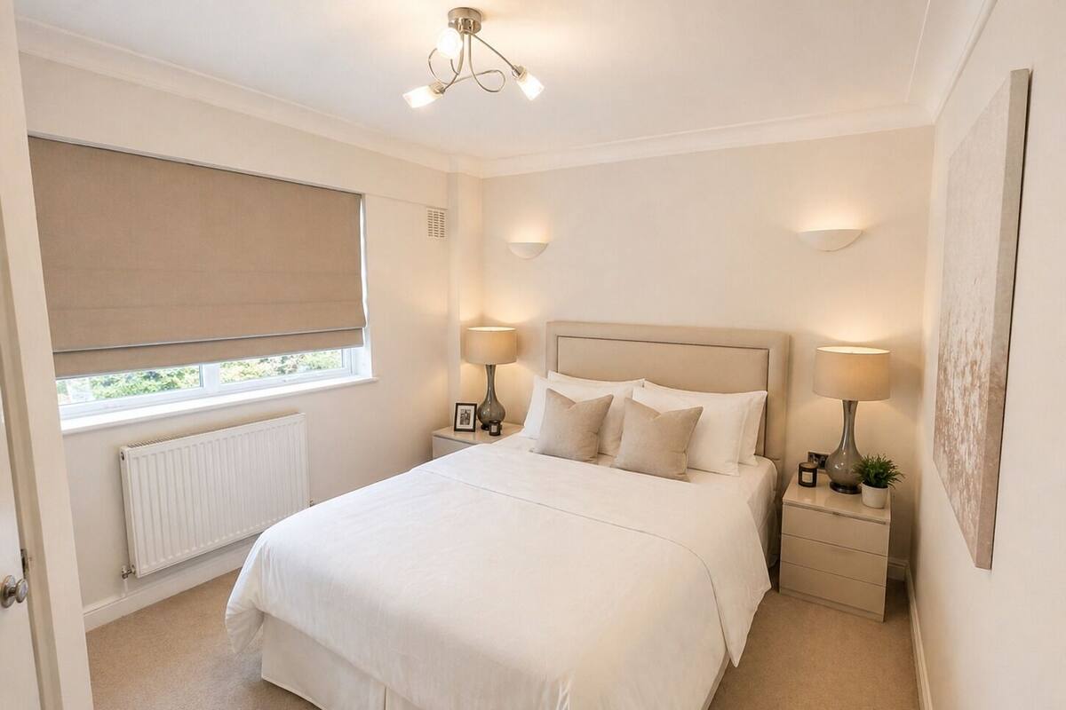 A bedroom with a bed, bedside lamps, a radiator, a window with a blind, and a wall-mounted artwork.
