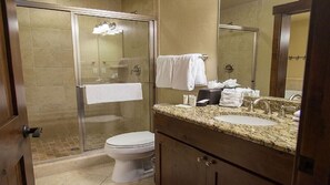 Hair dryer, towels, soap, shampoo