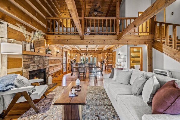 Smart TV, fireplace, books