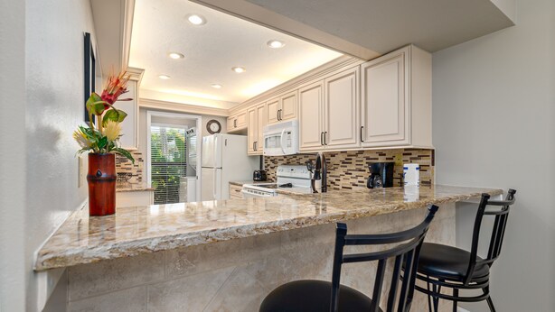 A kitchen with white cabinets, a granite countertop, a microwave, and a sink. - Bright and Peaceful garden view 2 Bed/ 2 Bath (Sarasota)