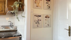 Ett kök med diskho, spis och skåp. På väggen hänger fyra inramade botaniska illustrationer.