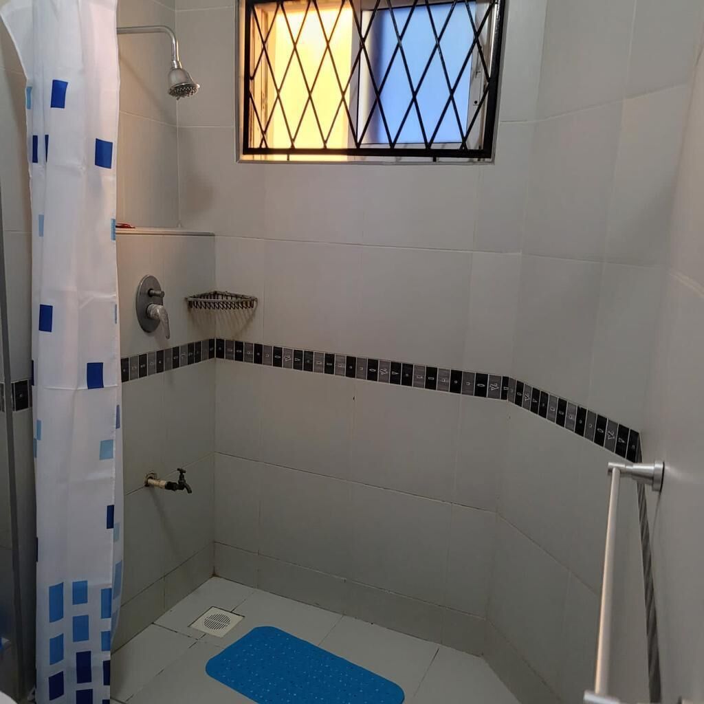 A small, enclosed shower area with a window, a showerhead, a hand shower, a towel rack, and a blue mat on the floor.