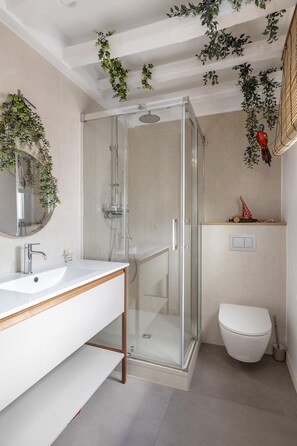 Shower, hair dryer, towels, soap