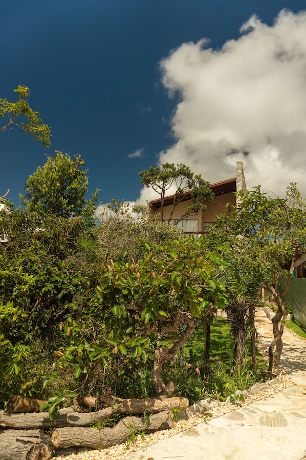 A house with a stone chimney, surrounded by dense foliage and a clear blue sky.
