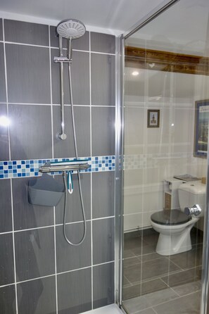 A bathroom with a glass shower enclosure, a toilet, and a sink. - Charmante Maison Parfaitement Équipée Pour 4 Pers. Emplacement Ideal (Barneville Carteret)