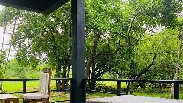 Una terraza de madera con mesa y sillas, con vista a un paisaje verde exuberante.