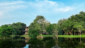 Una propiedad junto al lago con una casa moderna, rodeada de exuberante vegetación y árboles que se reflejan en el agua.