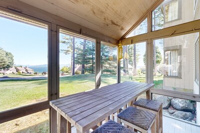 Tranquil lakeside retreat with beach access, pool, firepit, & lovely patio views