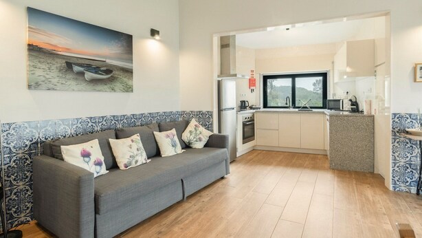 A modern living room with a grey sofa, a painting of a sunset, and a tiled backsplash. - Casa Curva do Rio (Melres)