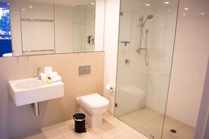 Hair dryer, towels, soap, shampoo