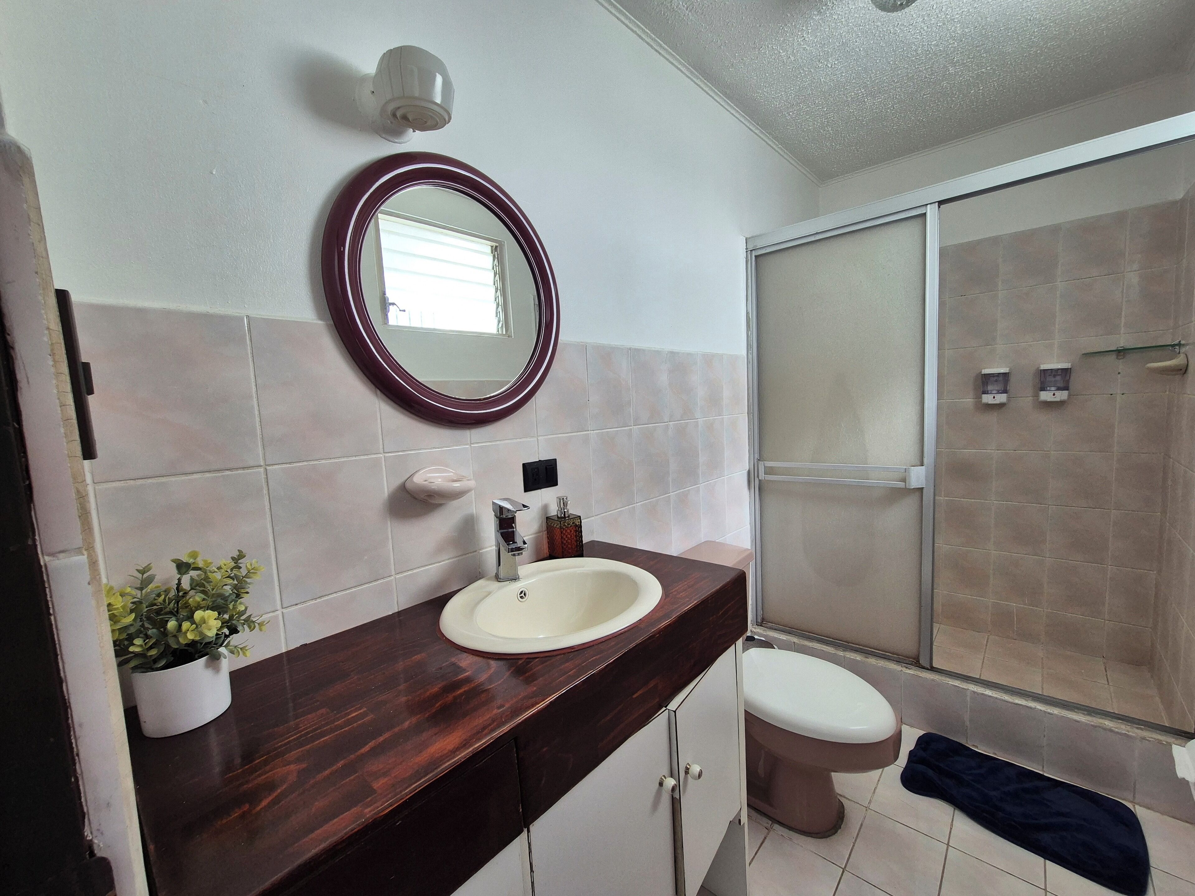 Un baño con tocador de madera, espejo redondo, inodoro y cabina de ducha de vidrio.