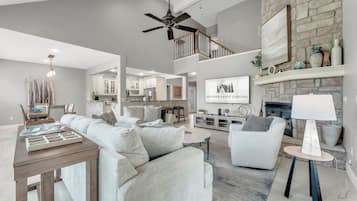 Smart TV, fireplace, foosball