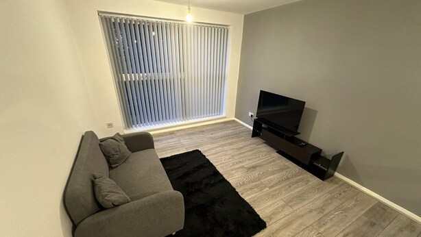 A modern living room with a grey sofa, black rug, wooden flooring, and a TV stand.