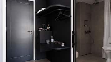 A modern bathroom with a dark wall, a shower, and a toilet.