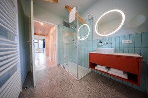 Douche, douche à « effet pluie », sèche-cheveux, serviettes fournies