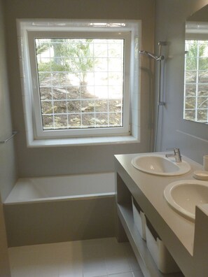 Shower, hair dryer, bidet, towels
