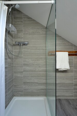 Shower, hair dryer, towels