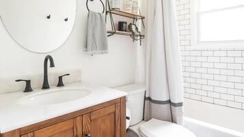 Hair dryer, towels, soap, toilet paper