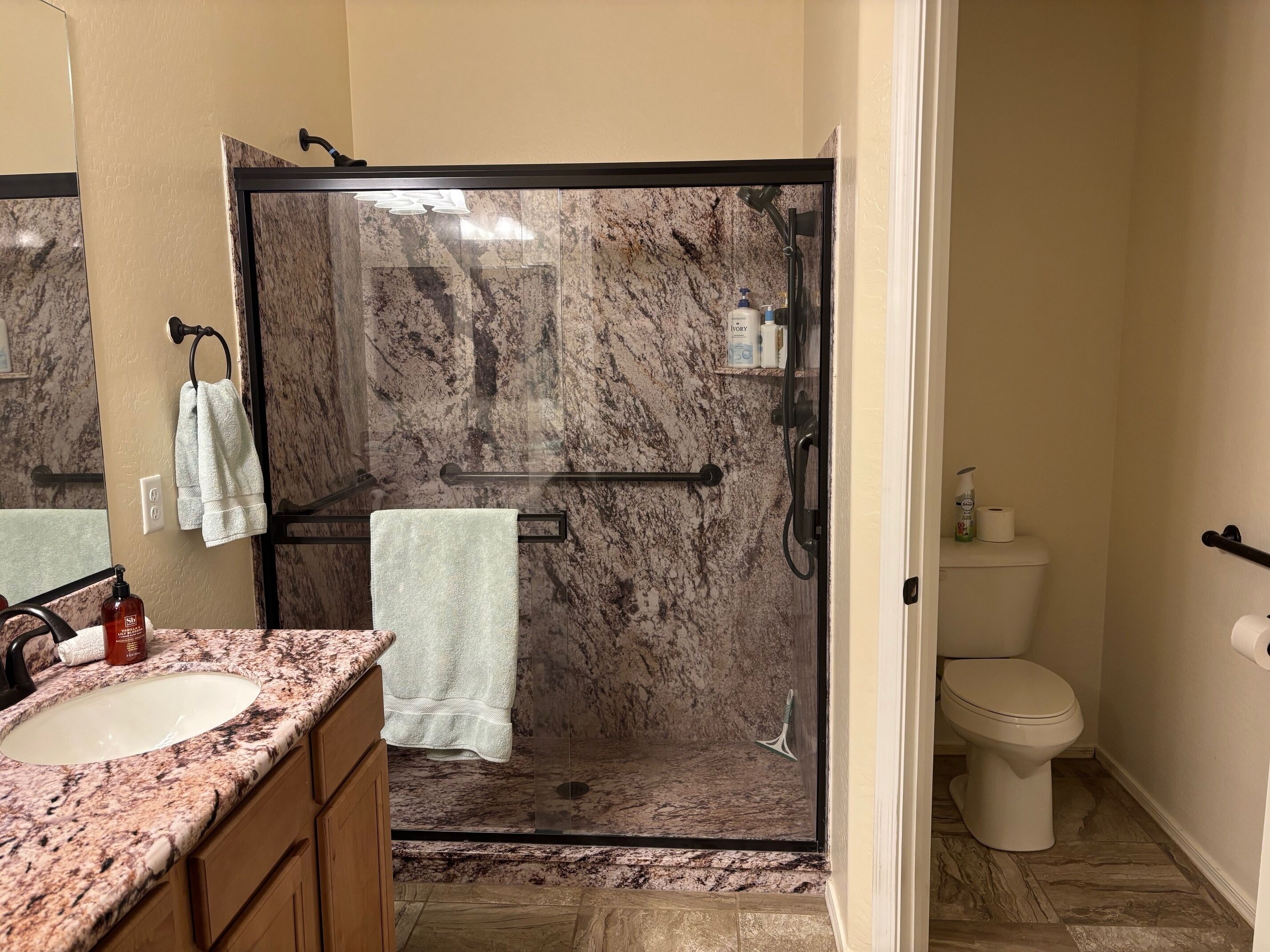 Hair dryer, towels, soap, toilet paper