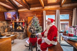 Interior acogedor de una cabaña con chimenea de piedra, un árbol de Navidad y una persona disfrazada de Papá Noel.
