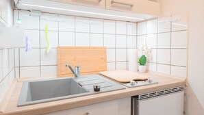 Una cocina moderna con un lavabo, encimera de madera y una planta en maceta.