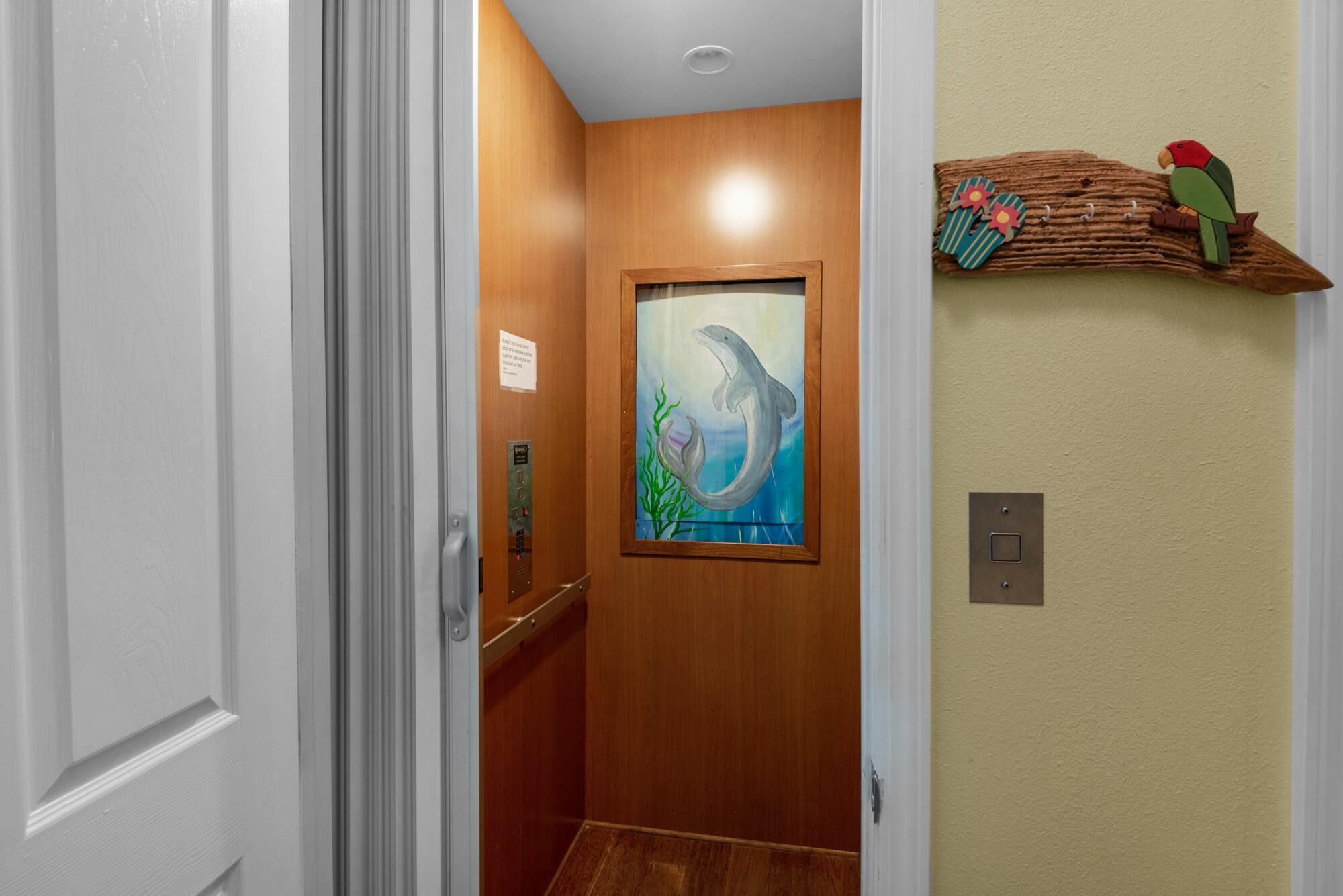 A hallway with a wooden door, a painting of a dolphin, and a wall-mounted shelf with a parrot decoration.