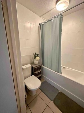 Secadora de cabello, toallas, jabón, papel de baño