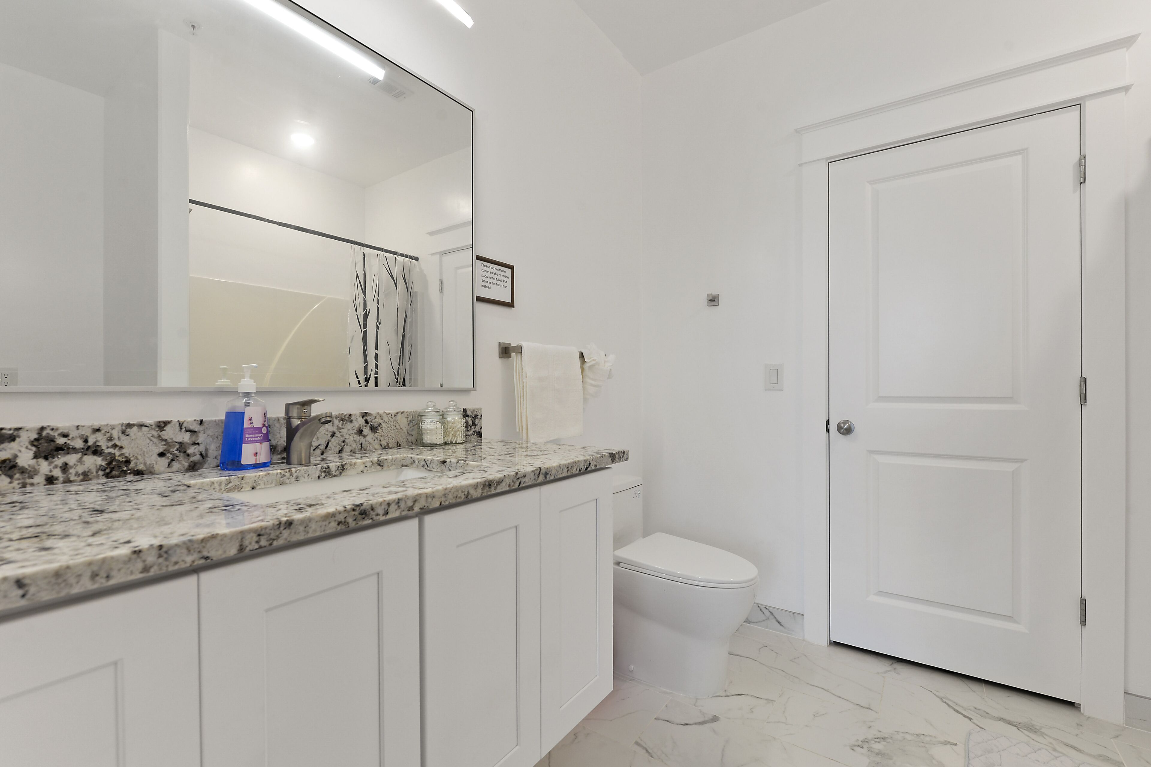 Un bagno con un water bianco, un piano di lavoro in marmo e un grande specchio.