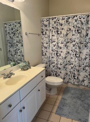 Combined shower/tub, towels, soap, toilet paper