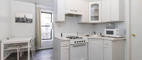 Fridge, microwave, oven, electric kettle