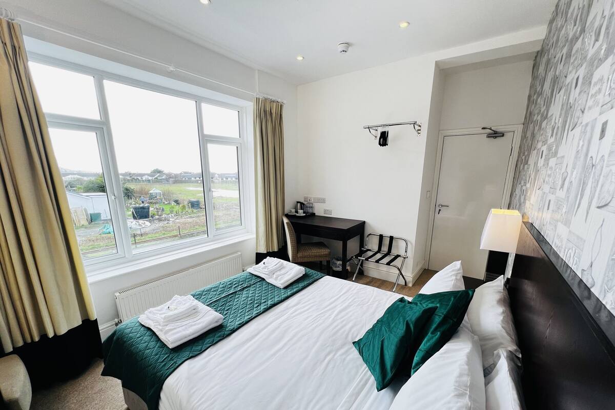 A hotel room with a large bed, a desk, and a view of the outside.