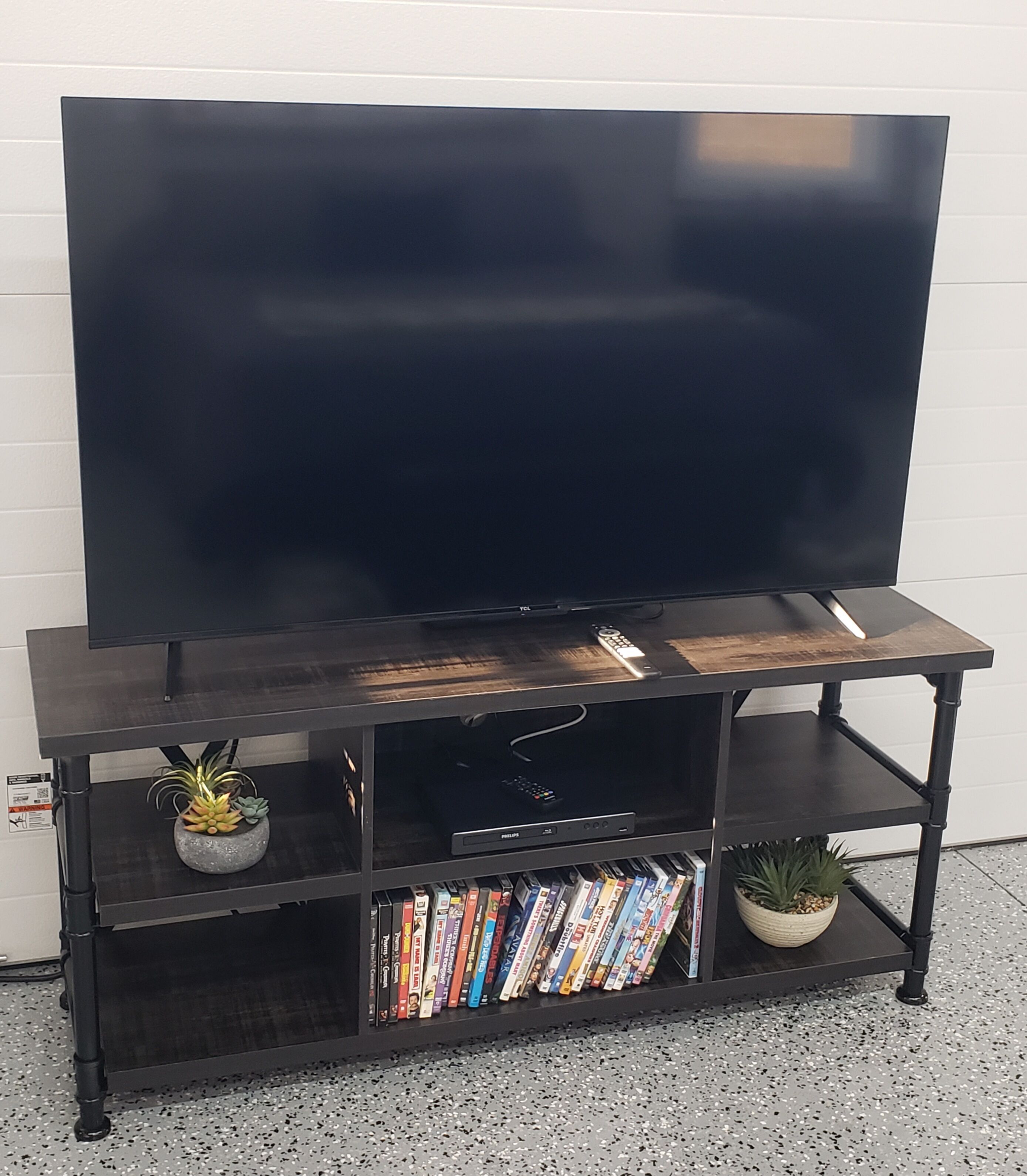 Un mueble bajo negro para televisor con un televisor de pantalla plana, dos plantas en macetas y un estante con DVDs.