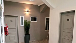 A hallway with two doors, a potted plant, and a fire extinguisher. - Hotel Roque (Torreón)