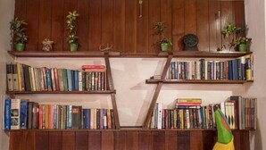 A room with a wooden bookshelf filled with books, a green plant, and a decorative object. - Casa Hotel Sura (San José)