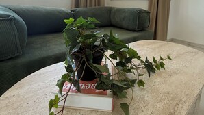 A room with a green sofa, a potted plant, and a window with curtains. - Casa Cleo Suite (Alanya)