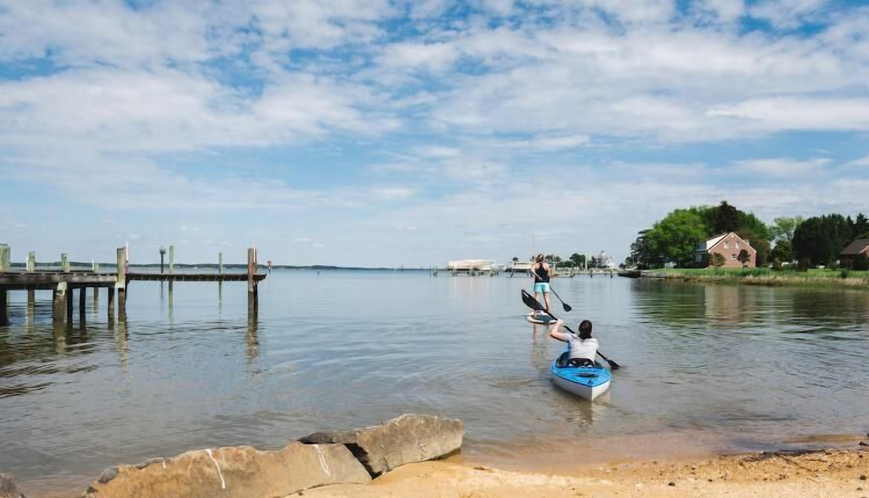 A calm lake with a wooden dock extending into the water.