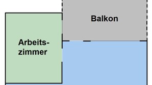 A floor plan with labeled rooms: Arbeitszimmer, Küche, Wohnzimmer, Balkon, Bad, and Schlafzimmer. - Workation-suite im Ferienpark (Altenau)