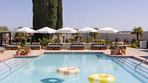 A swimming pool with lounge chairs and umbrellas, surrounded by tall trees. - River Lodge Paso - 21 & Over Pool (Paso Robles)