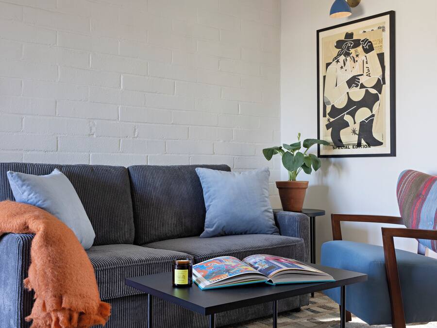 A living room with a grey sofa, blue cushions, a black coffee table, a potted plant, and a framed artwork on the wall.