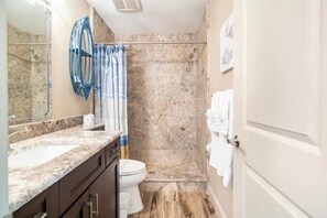 Hair dryer, towels, soap, shampoo