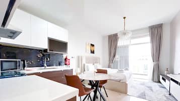 Fridge, microwave, dining tables