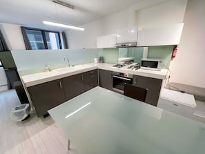 Fridge, coffee/tea maker, cookware/dishes/utensils