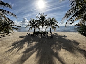 On the beach, sun-loungers, beach towels