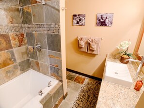 Hair dryer, towels, soap, shampoo