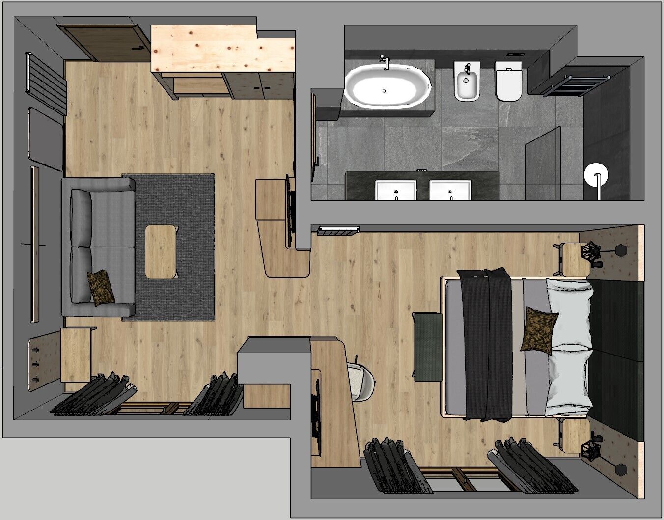 Un appartement moderne comprenant un espace de vie, une cuisine et une salle de bain.