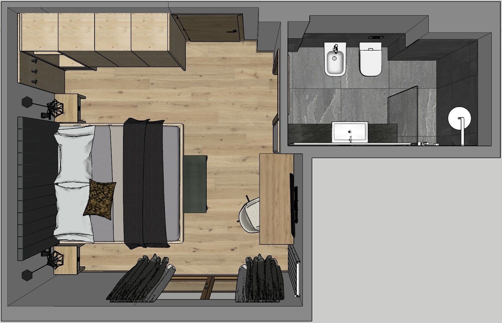 A bedroom with a bed, bedside tables, and a window.