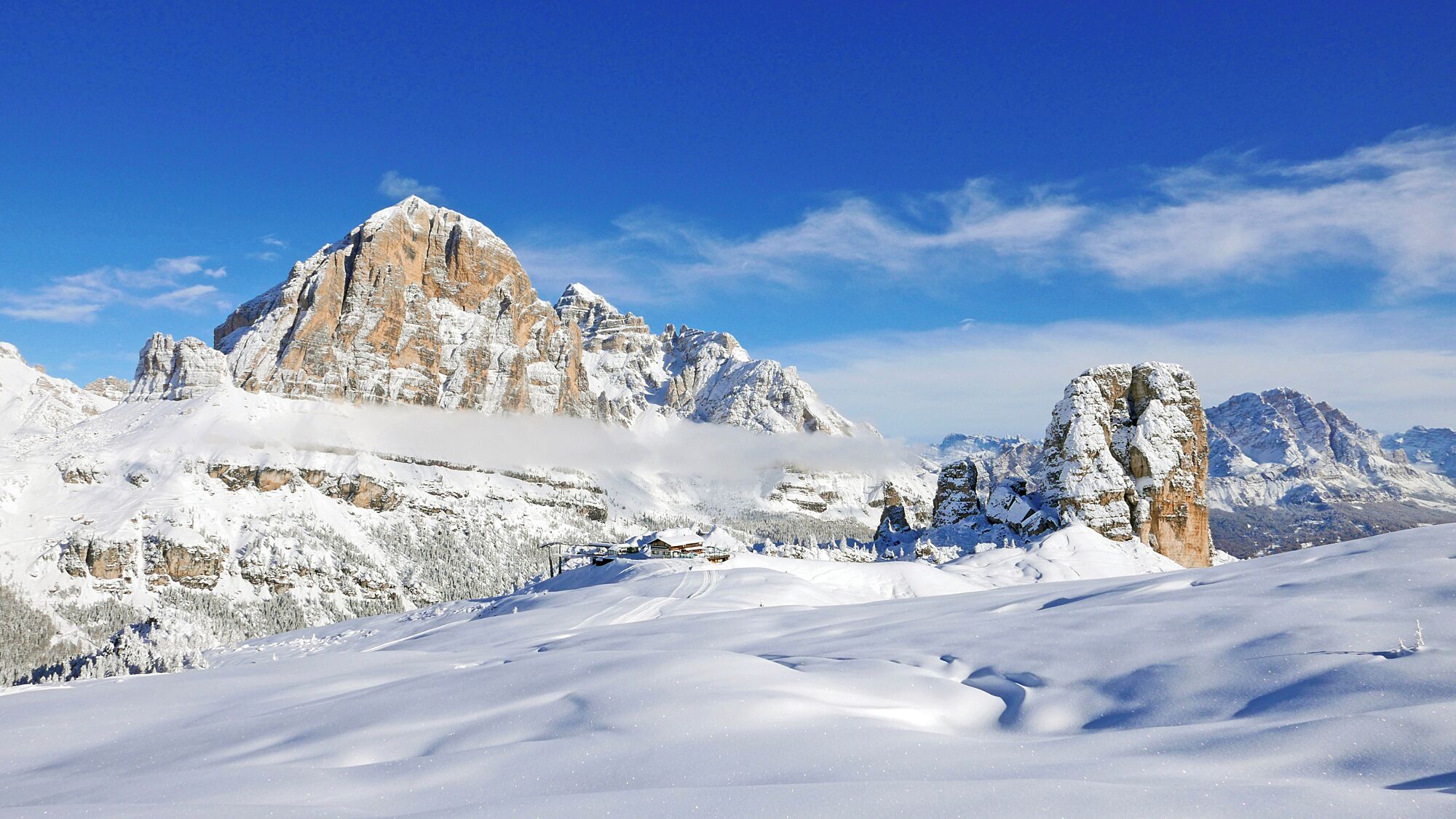 A snow-covered mountain landscape with a prominent peak and a snow-covered tree.