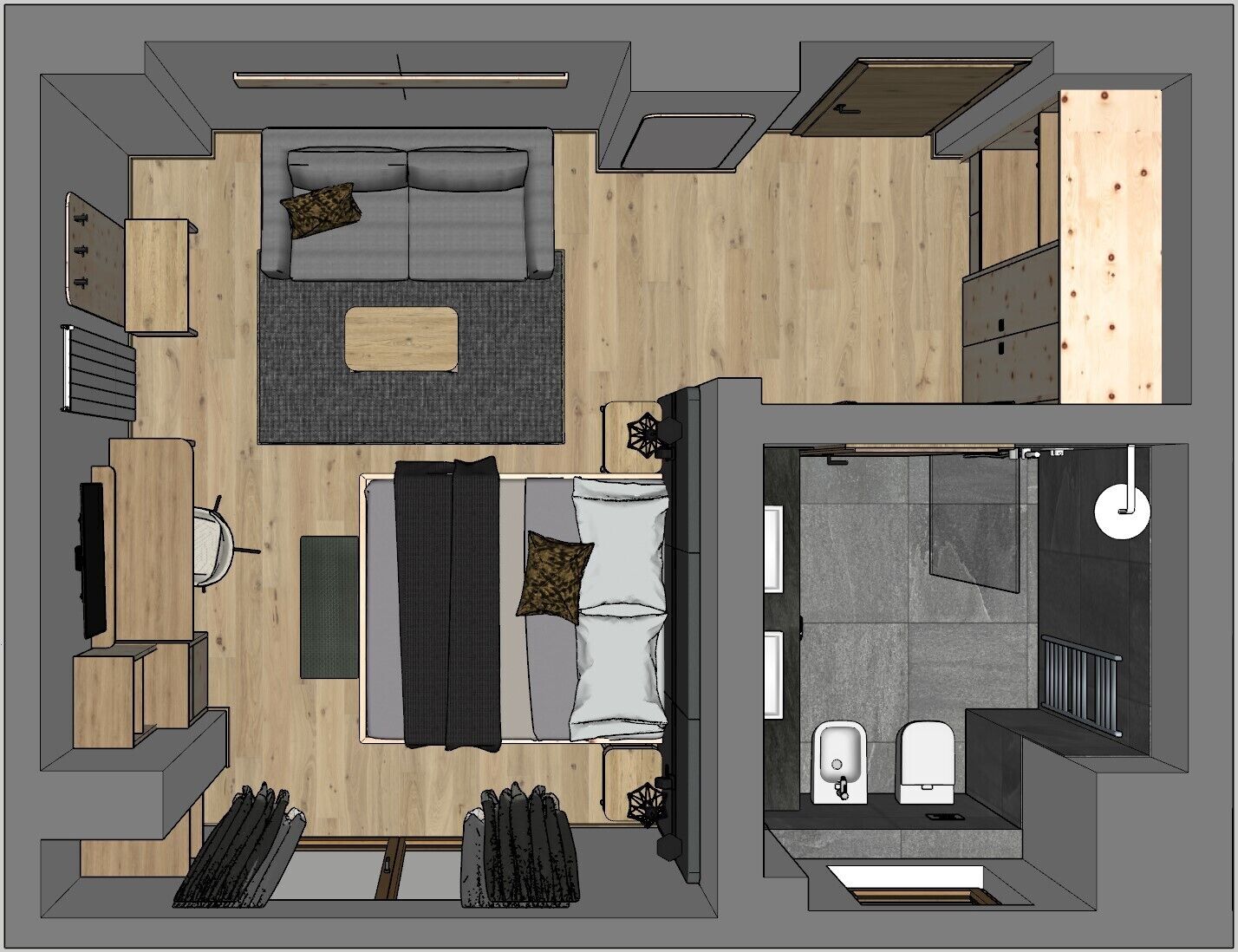 Distribución de un apartamento de dos habitaciones, con sala de estar, dos dormitorios, cocina y baño.