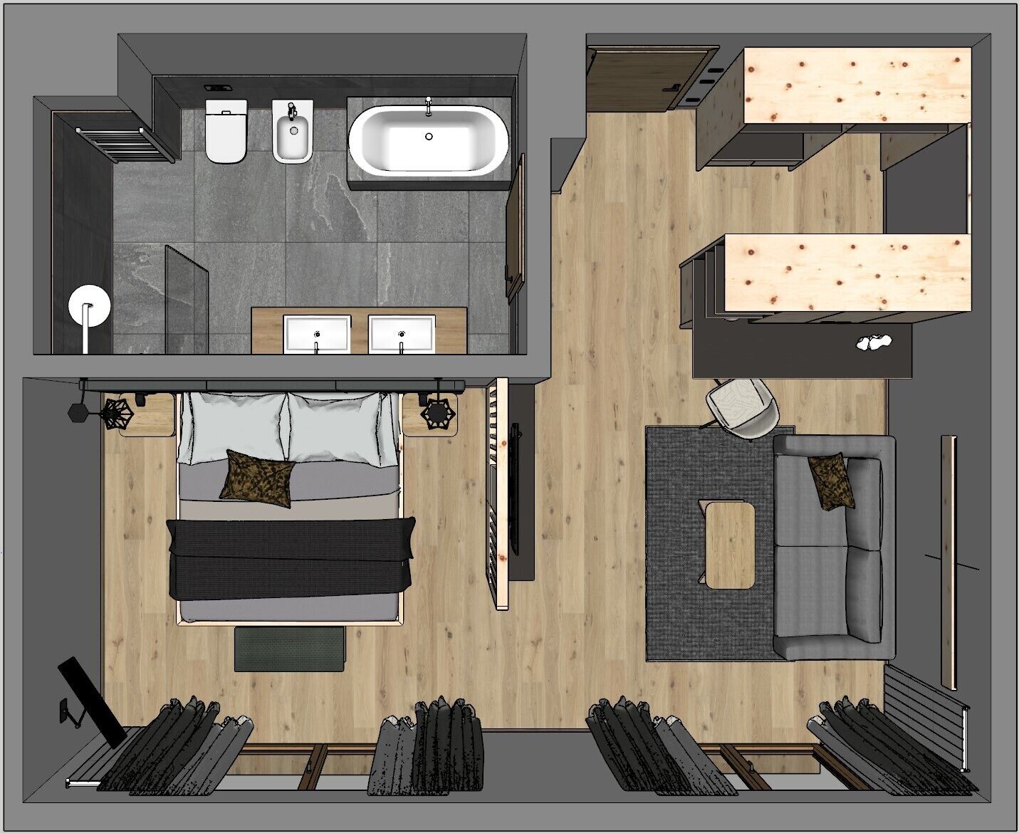 A modern hotel room layout with a bathroom, a sitting area, a bed, and a small kitchenette.