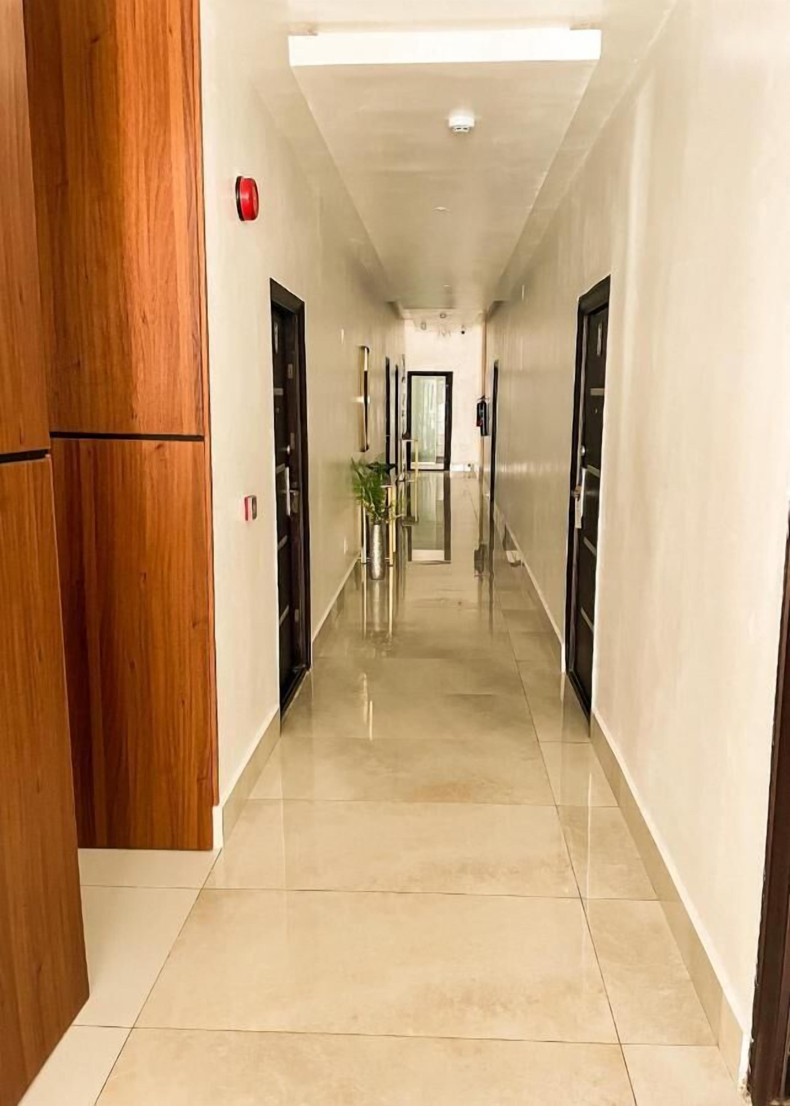 Un pasillo con una puerta de madera a la izquierda, una planta en el centro y otra puerta al final.